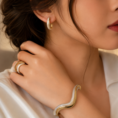 Woman wearing Luna White Shell Gold-Plated 3 Pieces Jewelry Set | Sultan Jewelers