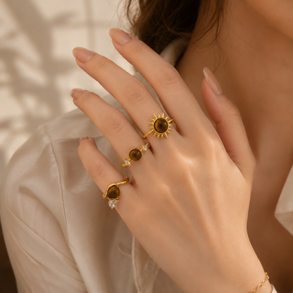 Woman wearing Celestial Tiger Eye Gold Ring Set – 3 Pcs Adjustable Rings for Women] | Sultan Jewelers