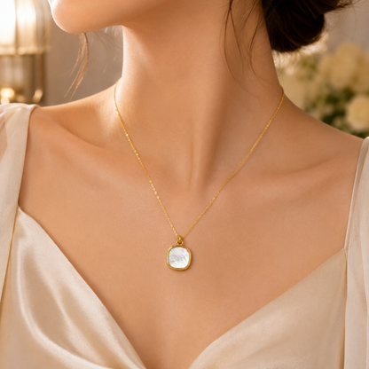Woman wearing Gold Mother of Pearl Square Pendant Necklace | Sultan Jewelers