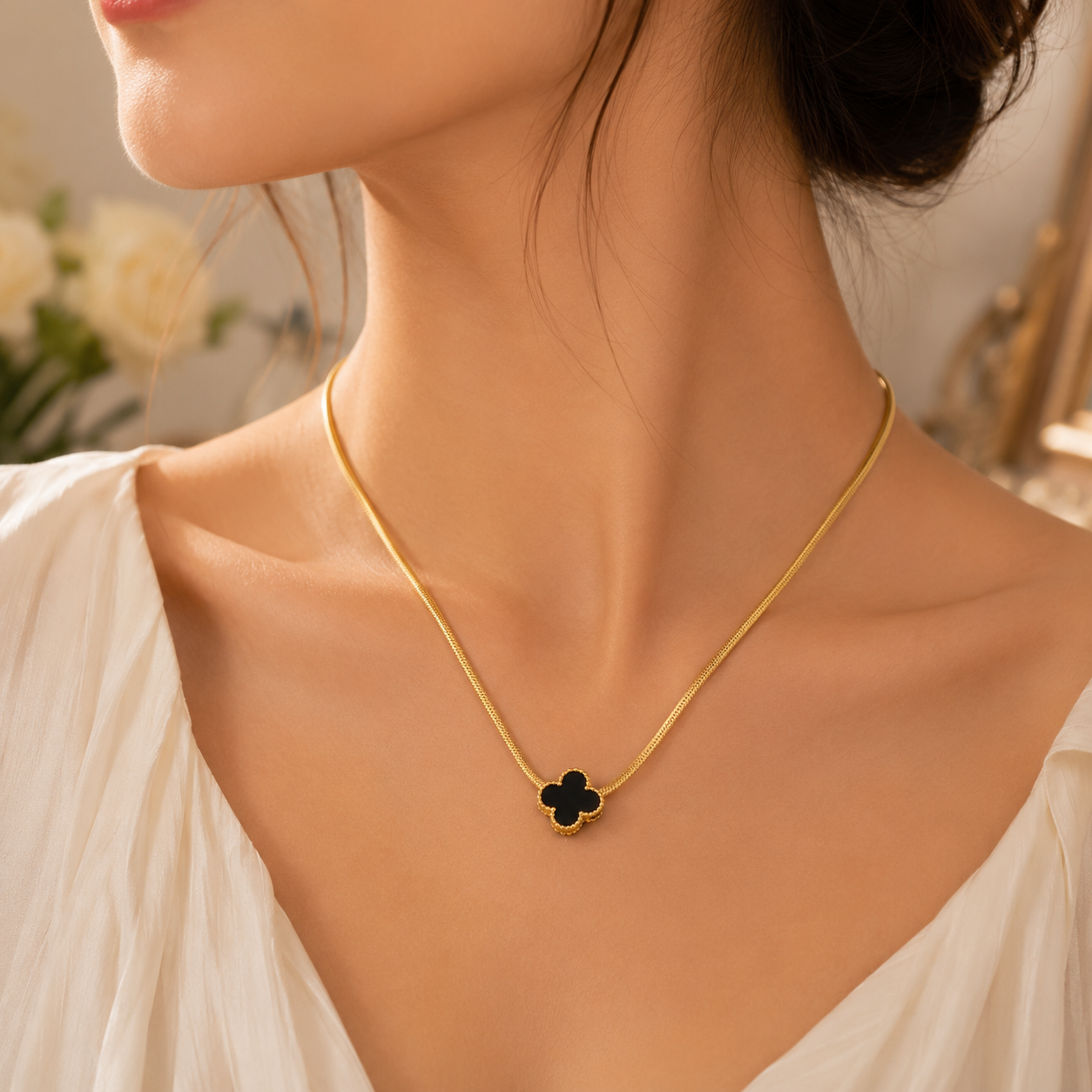 Woman wearing Gold Clover Pendant Necklace – Black Enamel | Sultan Jewelers