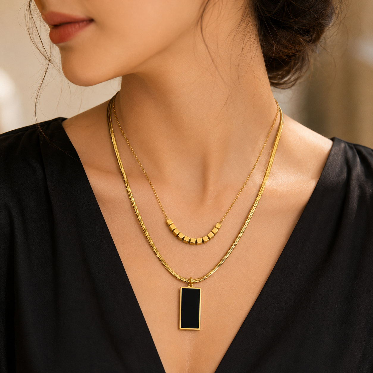Woman wearing Luxury Black Rectangle 2-Piece Layered Necklace Set for Women| Sultan Jewelers