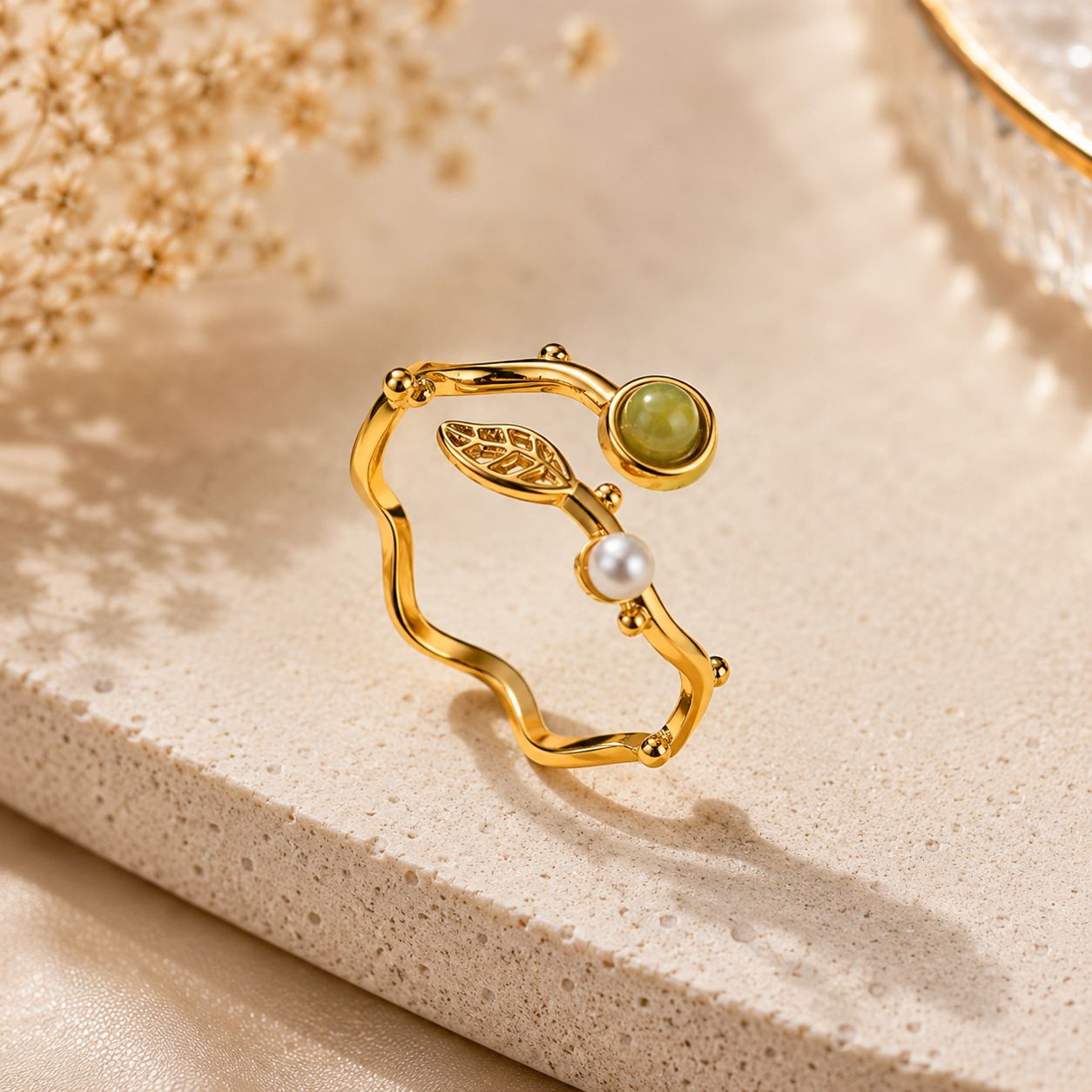 Gold-Plated Pearl & Green Stone Adjustable Ring