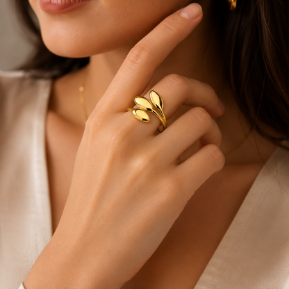 Woman wearing Elegant Gold-Plated Adjustable Leaf Ring | Sultan Jewelers