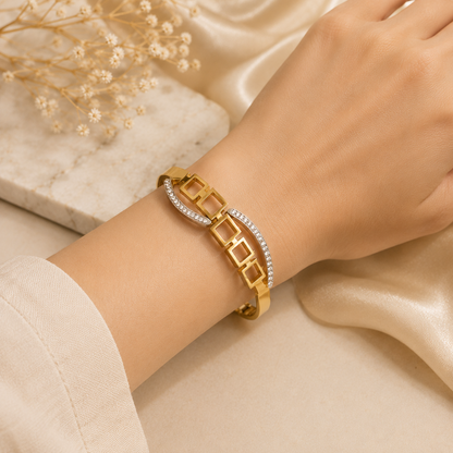 Woman wearing Gold Plated Stainless Steel Geometric Crystal Bracelet | Sultan Jewelers