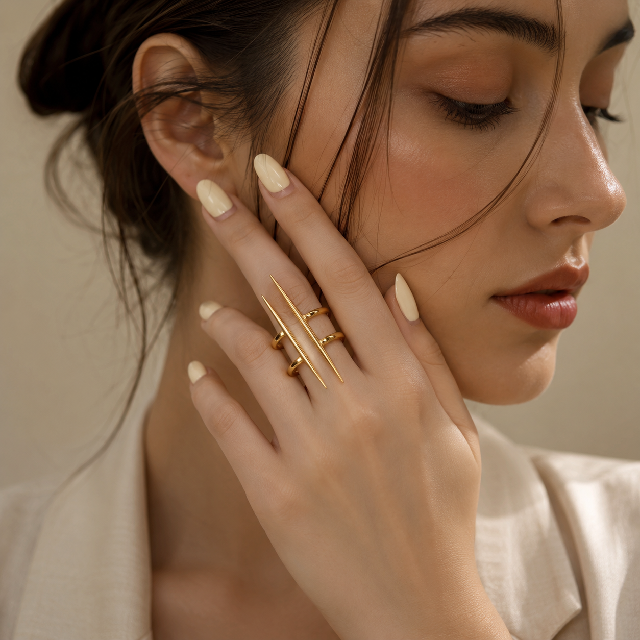 Woman wearing Minimalist Asymmetrical Line Gold-Plated Adjustable Ring for Women
 | Sultan Jewelers