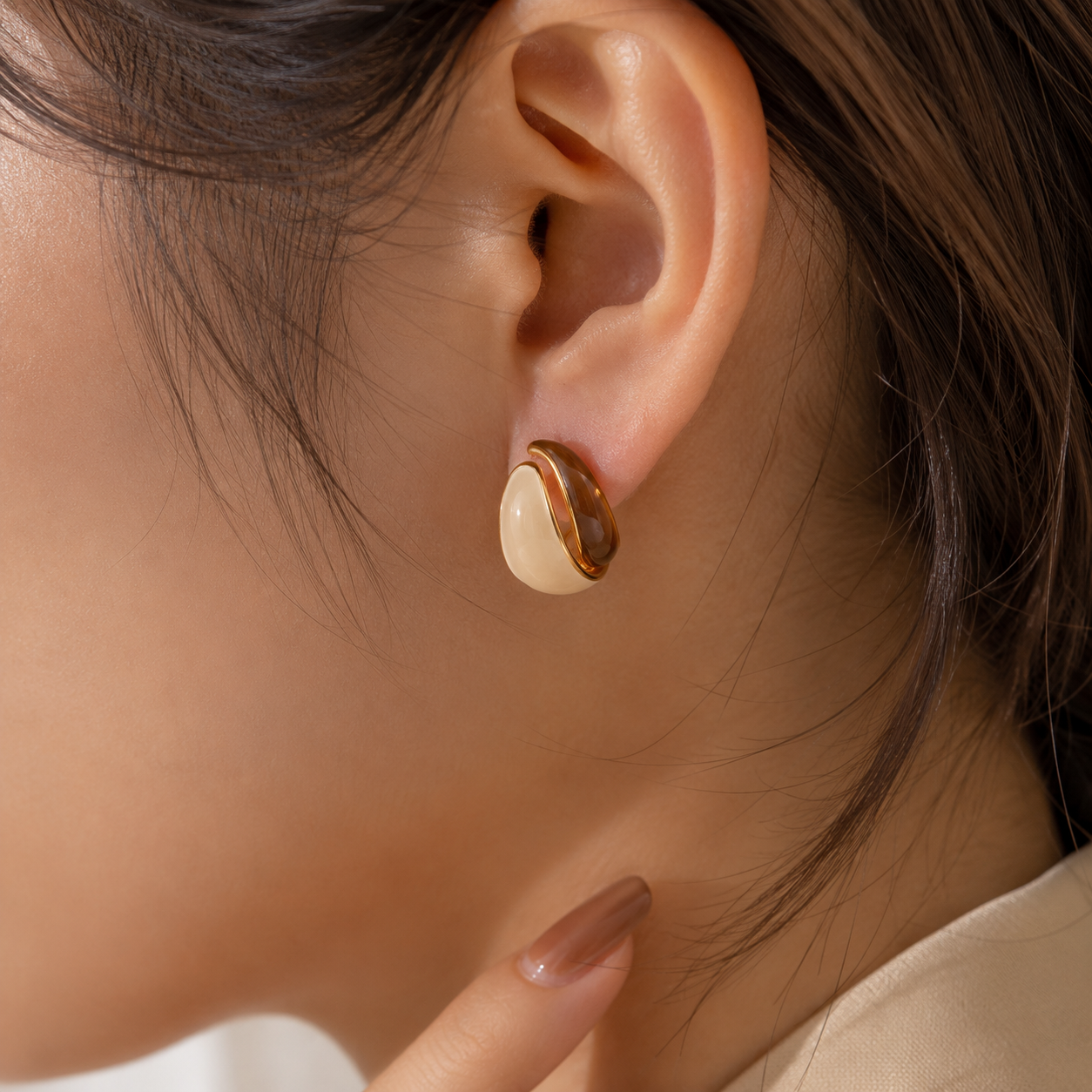 Woman wearing Luna White Shell Gold-Plated Hoop Earrings | Sultan Jewelers