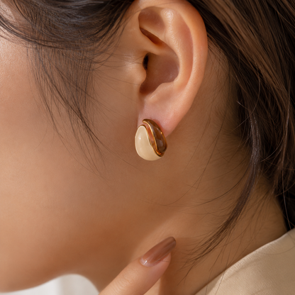 Woman wearing Luna White Shell Gold-Plated Hoop Earrings | Sultan Jewelers