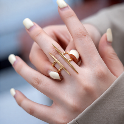 Woman wearing Minimalist Asymmetrical Line Gold-Plated Adjustable Ring for Women
 | Sultan Jewelers
