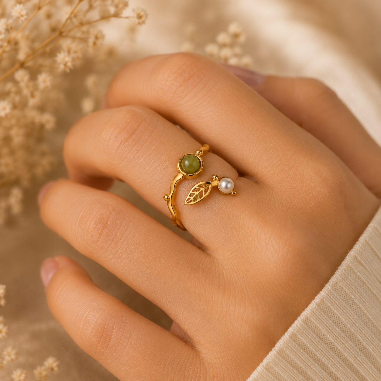 Woman wearing Gold-Plated Pearl & Green Stone Adjustable Ring
 | Sultan Jewelers