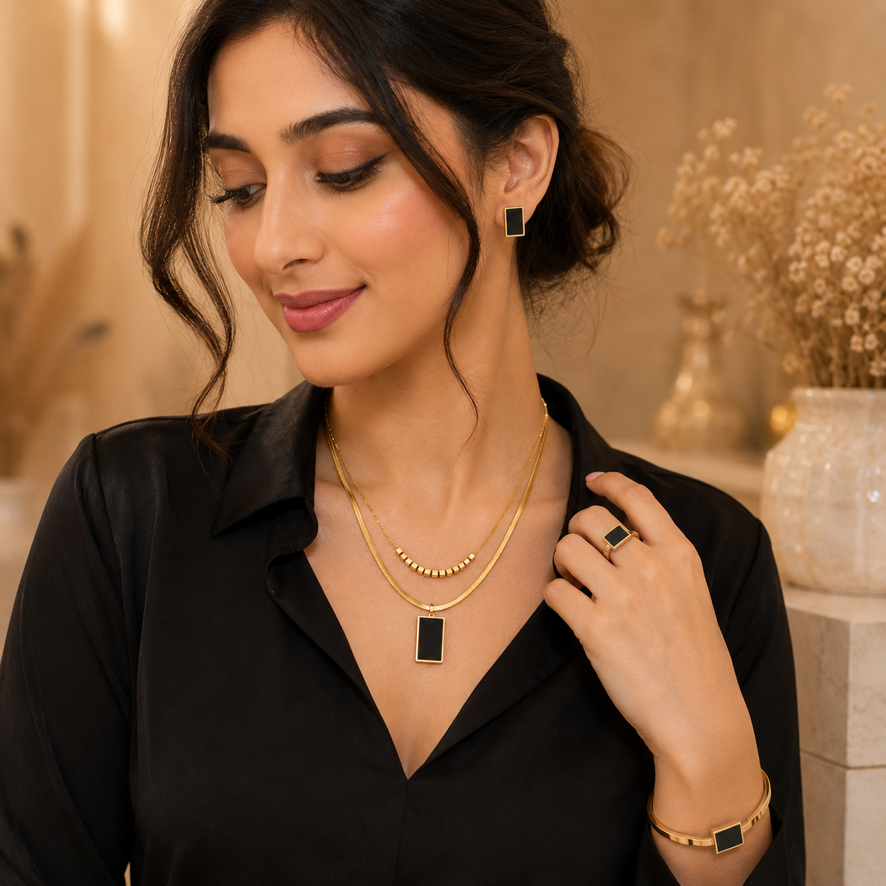 Woman wearing Luxury Black Rectangle 5-Piece Jewelry Set for Women | Sultan Jewelers