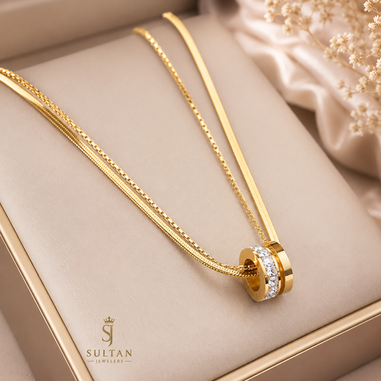 Luxury Double Chain Crystal Ring Pendant Necklace for Women| Sultan Jewelers