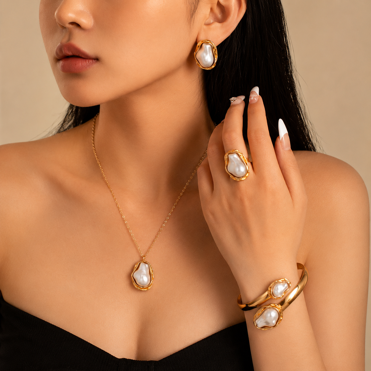 Woman wearing Woman wearing Gold-Plated Pearl Jewelry Set | Sultan Jewelers | Sultan Jewelers