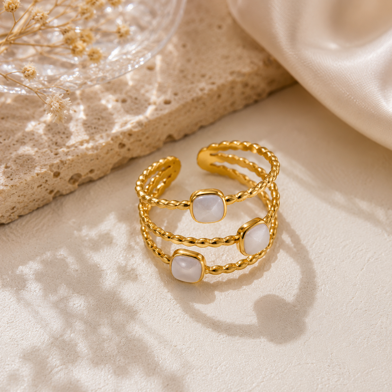 Elegant Triple Band Adjustable Gold-Plated Ring for Women
