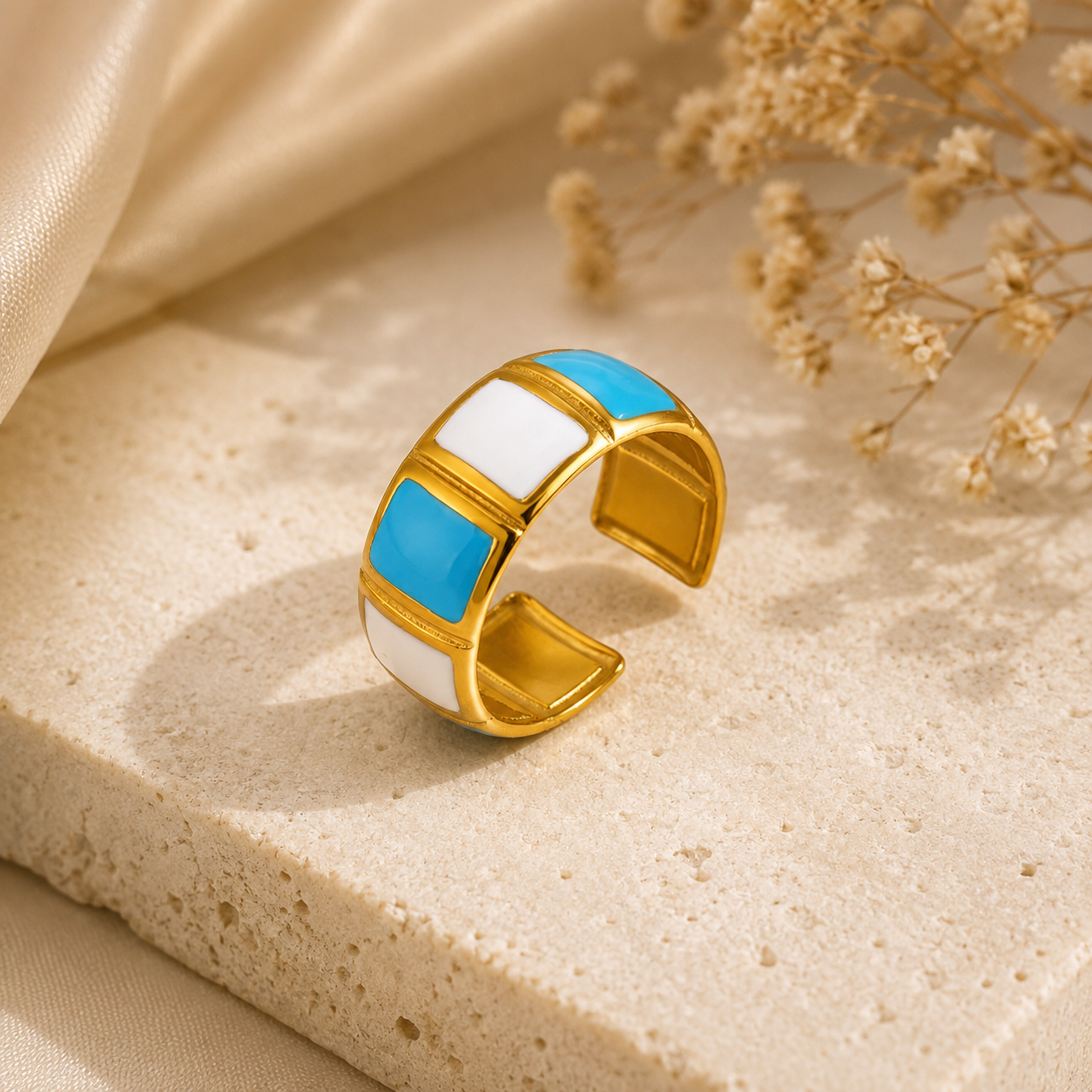 Close-up of Elegant Gold-Plated Color Block Adjustable Ring for Women | Sultan Jewelers